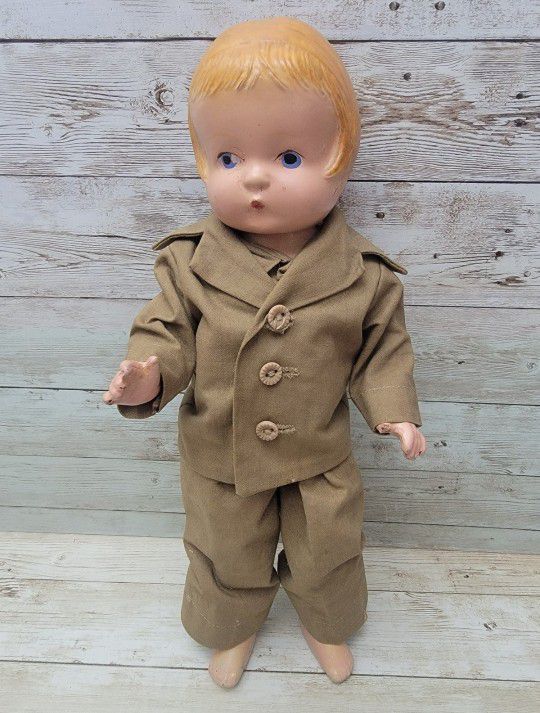 1940s Composition WWII Blue Eyed Doll Army Soldier 12" Tall