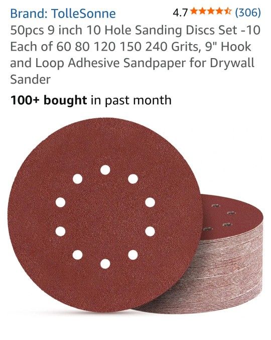 50pcs 9 inch 10 Hole Sanding Discs Set -10 Each of 60 80 120 150 240 Grits, 9" Hook and Loop Adhesive Sandpaper for Drywall Sander