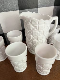 Old Vintage Milk Glass Pitcher Tumbler Set