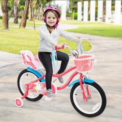 16" Girls Bike 4-7 Yrs Old Kids W/ Doll Seat & Training Wheels Pink TS10188PI-16