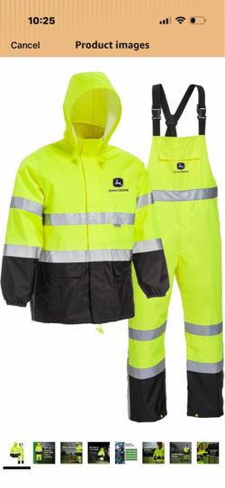 John Deere Hi-Visibility Rain Suit, ANSI Class 3, Poly Oxford with PU Backing, Hi-Vis Yellow/Black