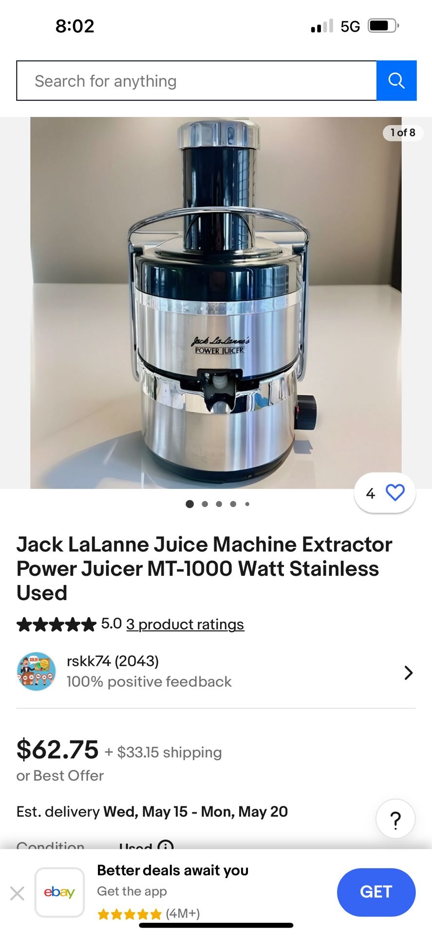 Jack LaLanne Juice Machine Extractor Power Juicer MT-1000 Watt Stainless Used