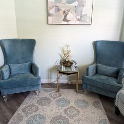 Set of 2 Living Spaces Talia Sea Blue Highback Accent Chair With Acrylic Legs