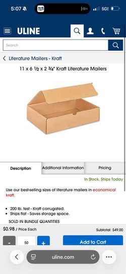 11 × 6 1½ x 2 3/4" Uline Kraft Mailer Boxes