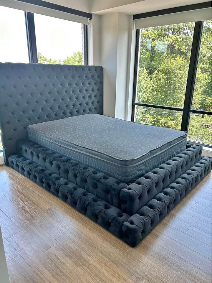 Brand New Black Luxury Upholstered Platform King And Queen Size Step Bed Frame - Mattress | Cash On Delivery 