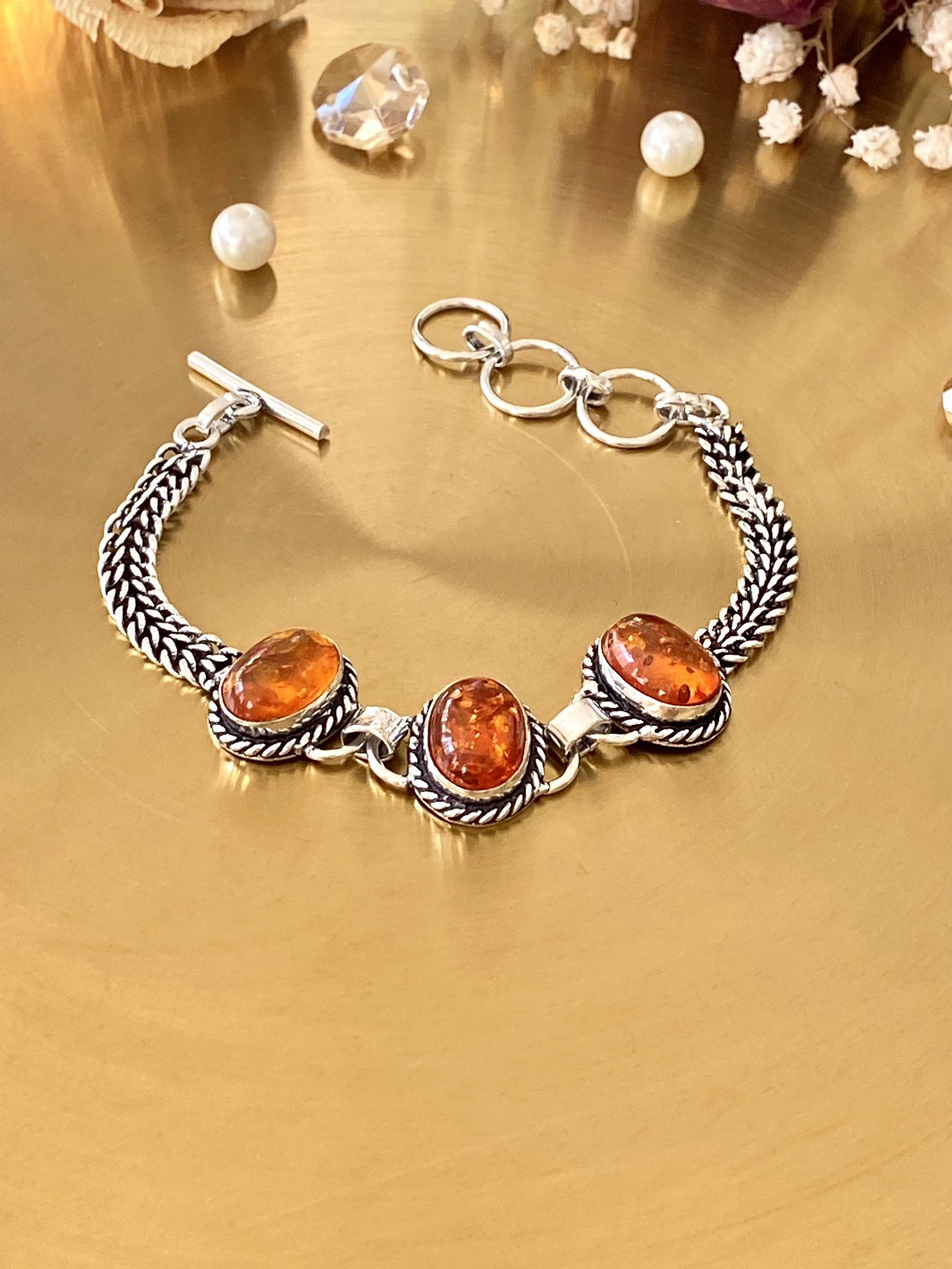 Baltic Amber 925 Sterling Silver Overlay Handcrafted Bali Style Bracelet
