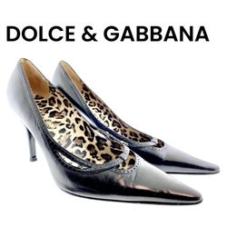 Dolce and Gabbana ITALY Black Leather Shoes Heels Womens Leopard print insole 6.5 US, 37.5 EU We have Gucci Louis Vuitton Versace Rolex Chanel Gold Di