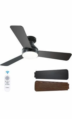 Amico Ceiling Fans with Lights, 42 inch Low Profile Ceiling fan with Light and Remote Control, Flush Mount, Reversible, 3CCT, Dimmable, Noiseless, Bla