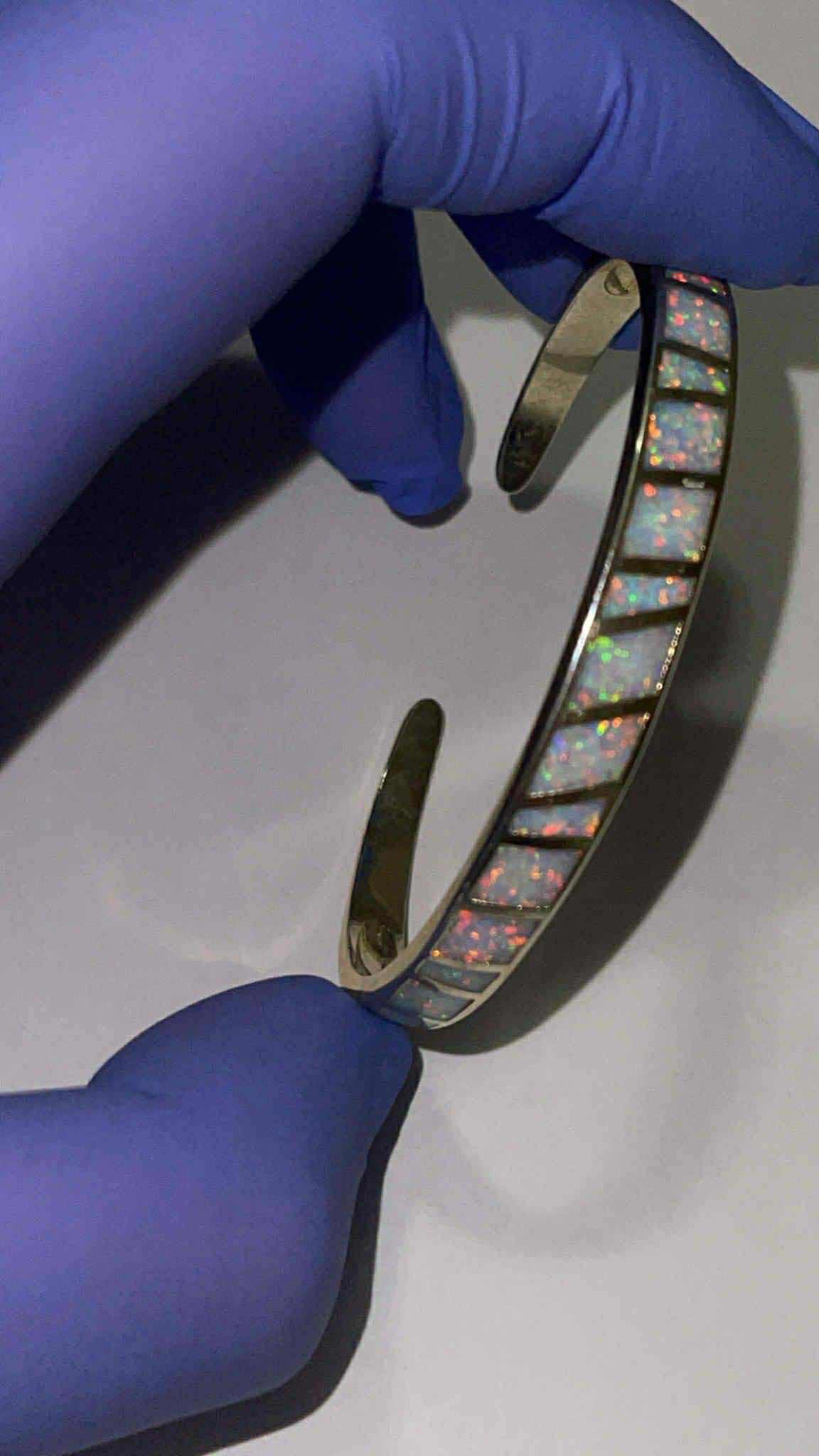 Sterling Silver Australian White Opal Inlaid Tennis  Bracelet Cuff Jewelry 