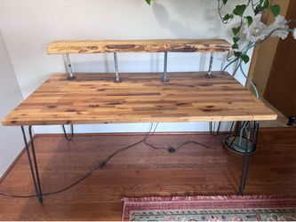 Handmade butcher block style desk with live edge shelf