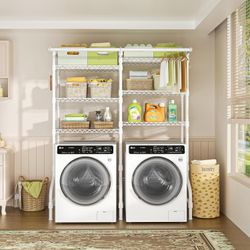 U13 Over Washer and Dryer Storage Shelves, 6 Tiers Laundry Room Standing Shelf with 2 Hanger Rods, Space Saver Clothes Drying Rack, 63.4" W x 22" D x 