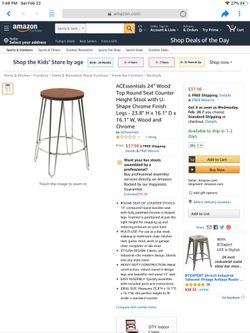 ACEssentials 24" Wood Top Round Seat Counter Height Stool with U-Shape Chrome Finish Legs - 23.8" H x 16.1" D x 16.1" W, Wood and Chrome