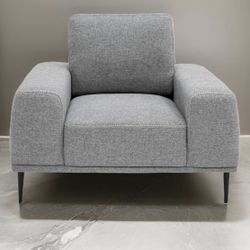 NEW - Reno Zica 44 Inch Accent Chair, Gray Polyester, Black Metal Legs, Wood