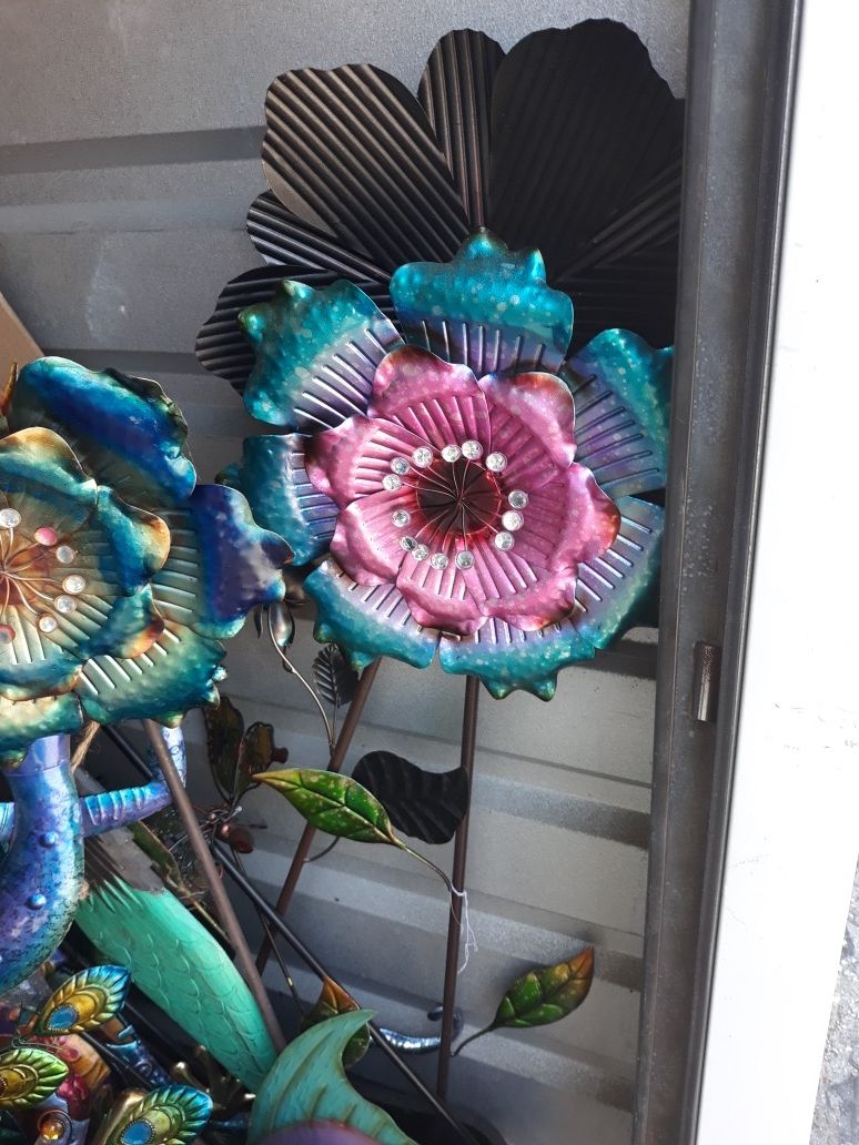 Colorful metal flower garden stake