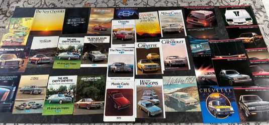 Vintage 1970s-1980s Chevy Brochure Collection 34 pieces - Monte Carlo, Chevette, Malibu