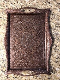 Copper-Tone Embossed Floral Decorative Tray