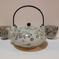 Pier 1 Imports Tomoko Porcelain Tea Kettle and Cups