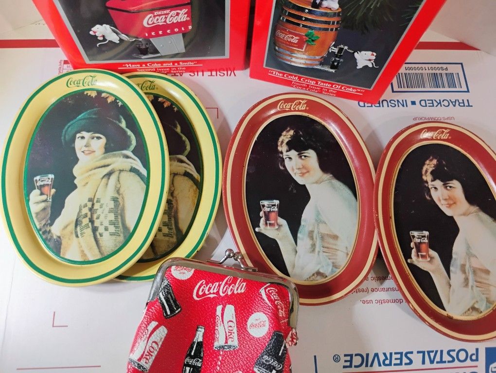 Vintage Christmas Coca Cola Ornament, Coin Purse, Metal Tins