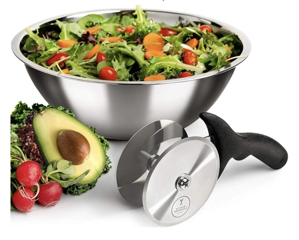 Stainless Steel Salad Cutter Bowl with Chef Grade Mezzaluna Ultra-Fast Salad Prep
