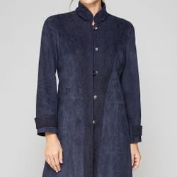 Terry Lewis Coat Navy Leather Suede Buttons Lace Trim Pockets Lined Size M
