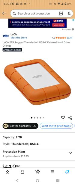Brand New: LaCie 2TB Rugged Thunderbolt USB-C External Hard Drive, Orange