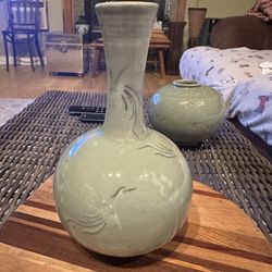 2 Mid-Century Vintage Korean Celadon Green Glazed Bottle Vase 