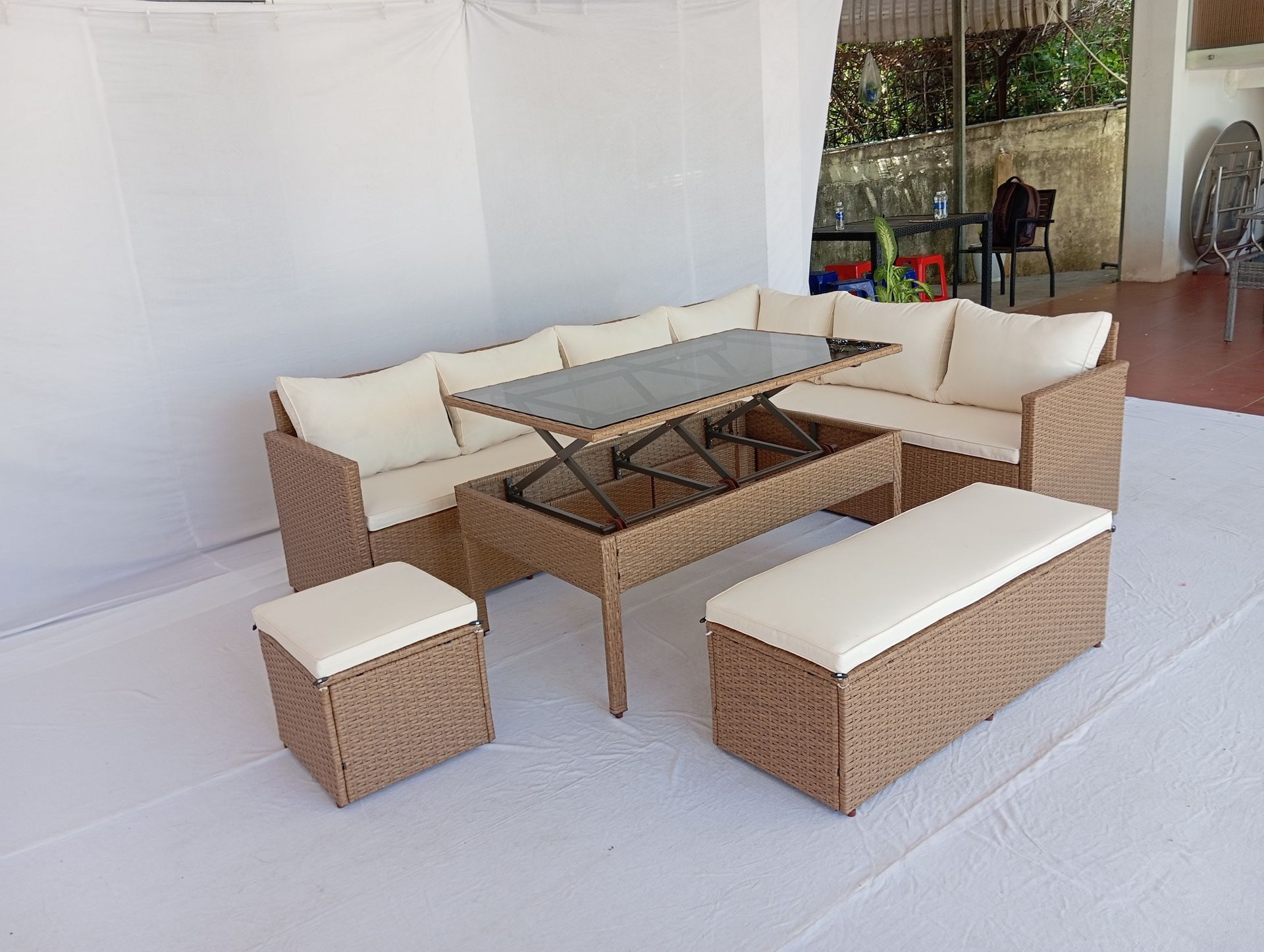 OUTDOOR PATIO SET WITH GLASS TOP LIFT TOP TABLE BRAND NEW IN BOX!!!