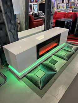 New LED White High Gloss Tv Stand With Fireplace 71”wide Fits Up To 80”tv