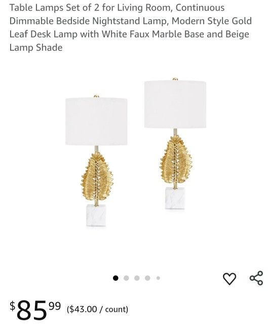 Table Lamps Set of 2 for Living Room, Continuous Dimmable Bedside Nightstand Lamp, Modern Style Gold Leaf Desk Lamp with White Faux Marble Base and Be