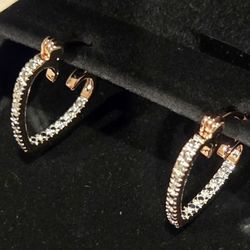 Diamond Accent Inside-Outside Heart Hoop Earrings in Sterling Silver w/ 18K Rose Gold plate.
