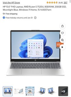 HP 15.6" FHD Laptop, AMD Ryzen 5 7520U, 8GB RAM, 256GB SSD, Moonlight Blue, Windows 11 Home, 15-fc00