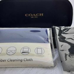 COACH New York Black Leather Hard Sunglasses Case Clamshell With Two Microfiber Cleaning Cloths