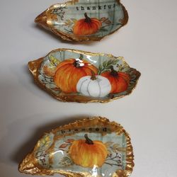 Set of three fall pumpkin / Thanksgiving themed decoupage oysters with resin