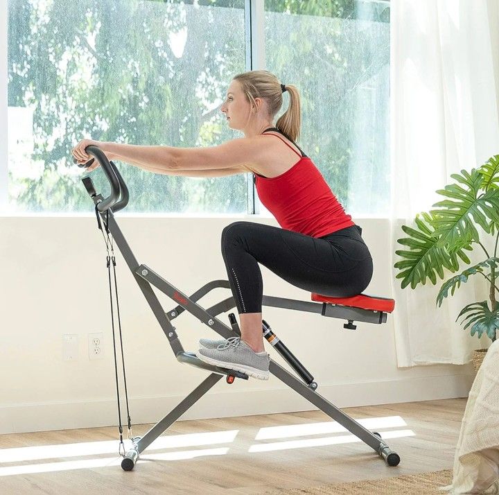 Sunny Health & Fitness Row-N-Ride PRO, Full Body Combo Squat Machine w/Optional Resistance Band, Easy Setup Ab Workout Exercise Equipment for Home