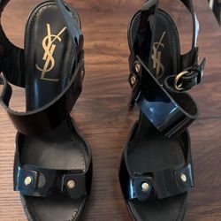 YSL BLACK PATTEN SANDALS