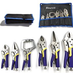 6pcs BOURVILL Pliers Set | Includes 6-1/2 inch and 9-1/2 inch Pinnose Pliers, 5-inch, 7-inch, and 10-inch Curved Jaw Pliers, 6-inch C-Clamp L-Type Loc