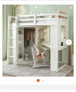 Beige White Twin Size Wood Loft Bed with Large Wardrobe, Desk, Keyboard Tray, Charging Station and Dual Metal Spotlight