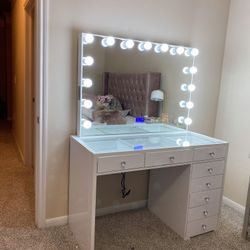 Makeup Vanity Glass Top With Bluetooth Mirror Price includes delivery and assembly In Stock!! Available To Take Same Day!! 