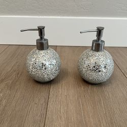 TWO Crushed Mirror Glass Mosaic Round Soap Dispenser Set- Silver Chrome 