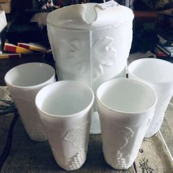 Milk Glass Indiana Harvest Pitcher / Glasses By Colony.
