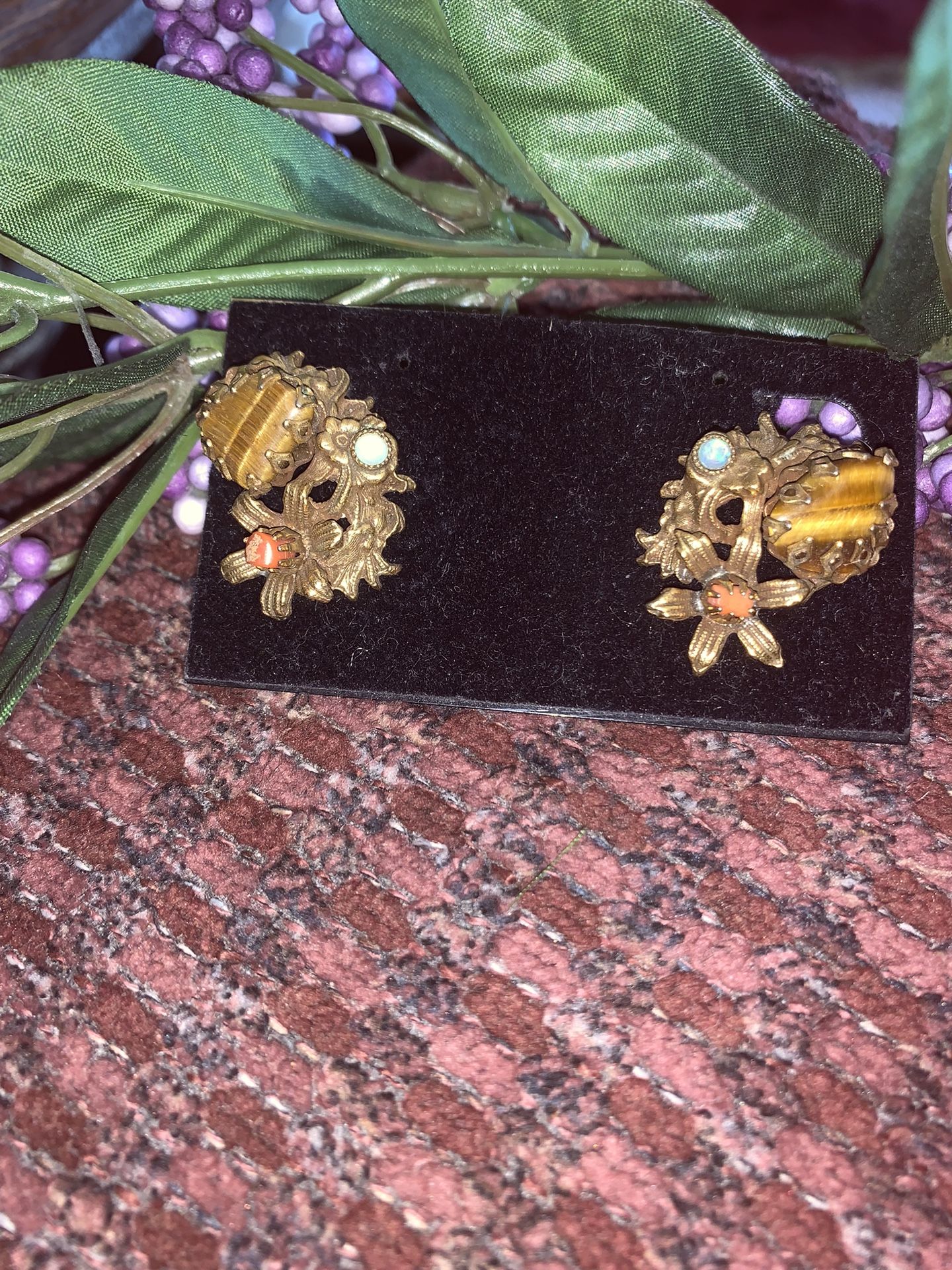 Vintage Brass Clip Earrings w/Genuine Stones