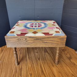 Vintage Handmade Crewel Embroidered Wooden Foot Rest With Hidden Storage
