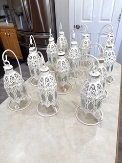 12 White Ornate Candle Lanterns With Stand