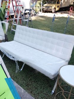 (2) White leather bench sofas
