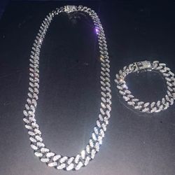 24 " Stainless Steel Cubin Link Style Diamond Chain And Bracelet 