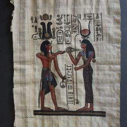 Hand Painted Ancient Egyptian Papyrus Art - Akhenaten & Sun God  14"x10"