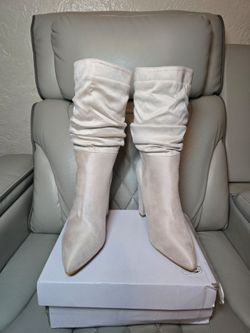Cream Suede Slouch Pointed-Toe Boots