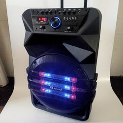 15" Bluetooth Wireless Portable Rechargeable Speaker with Wheels and Multiple inputs USB/SD/AUX, FM Radio, Mic/Guitar AC/DC Power,  Remote Control