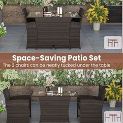 Tangkula Patio Furniture 3 Pcs Wicker Dining Set, 2 Rattan Chairs with Rectangle Tempered Glass Dining Table Outdoor- Assembled; New!  