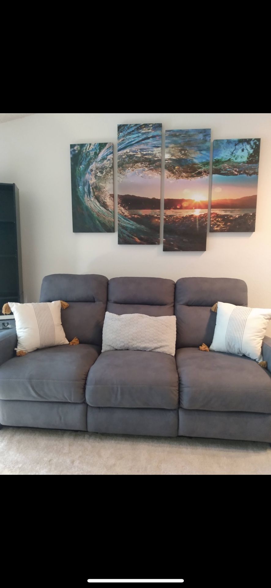 Used Coach With Two Recliners. Gray -Blue Color